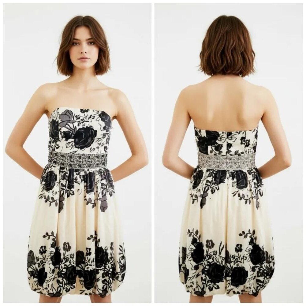 Forever 21 Women's Black Floral Beaded Waist Strapless Bubble Dress Size Medium - Picture 1 of 13